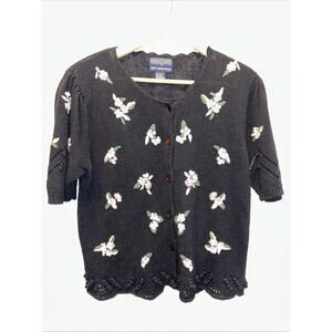 Vintage Herman Geist Medium Black Cardigan Embroidered Floral Linen Cottagecore